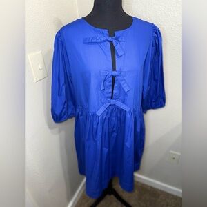 Band of the Free Lapis Blue Babydoll Dress With Bow Tie and Puff Sleeve- Xl